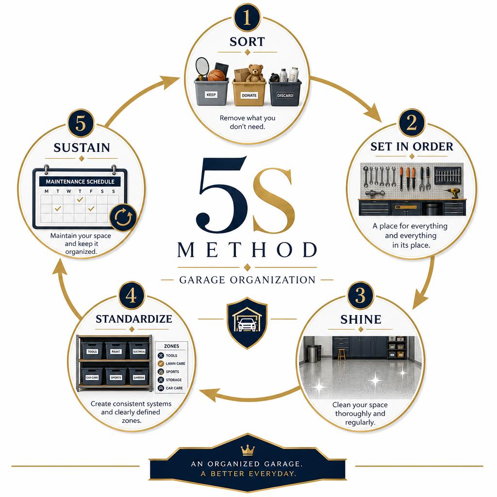 Sparkly 5S Home Method for garage organization — Sort, Set in Order, Shine, Standardize, Sustain