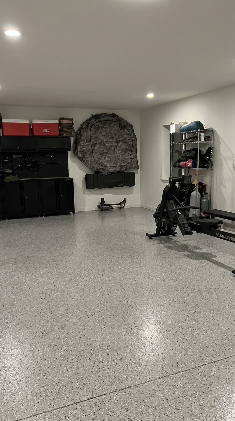 After — Custom man cave and fitness garage with epoxy flooring, built-in storage, and organized zones for equipment, tools, and everyday gear.